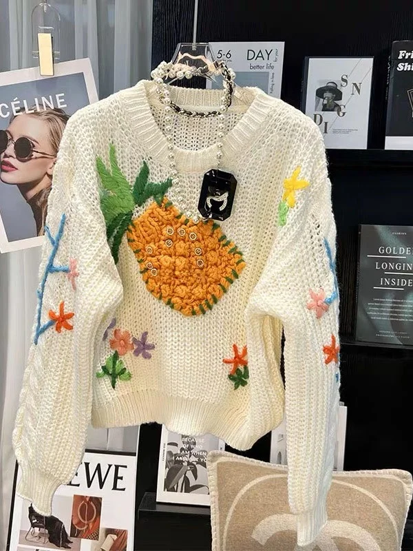 

Spring Heavyweight Pineapple Hook Embroidered Thickened Loose Women's Sweater Easy-to-wear Short Style Comfortable Knitted Top