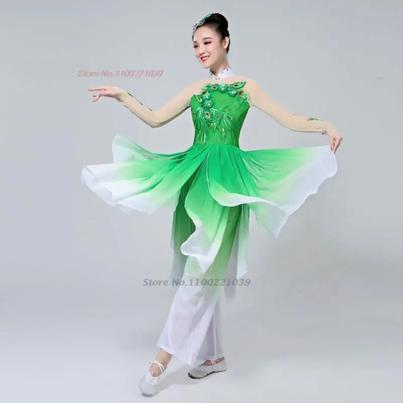 2024 traditional chinese dance costume sequin tops+pants set women retro fairy stage performance dress ancient folk dance suit