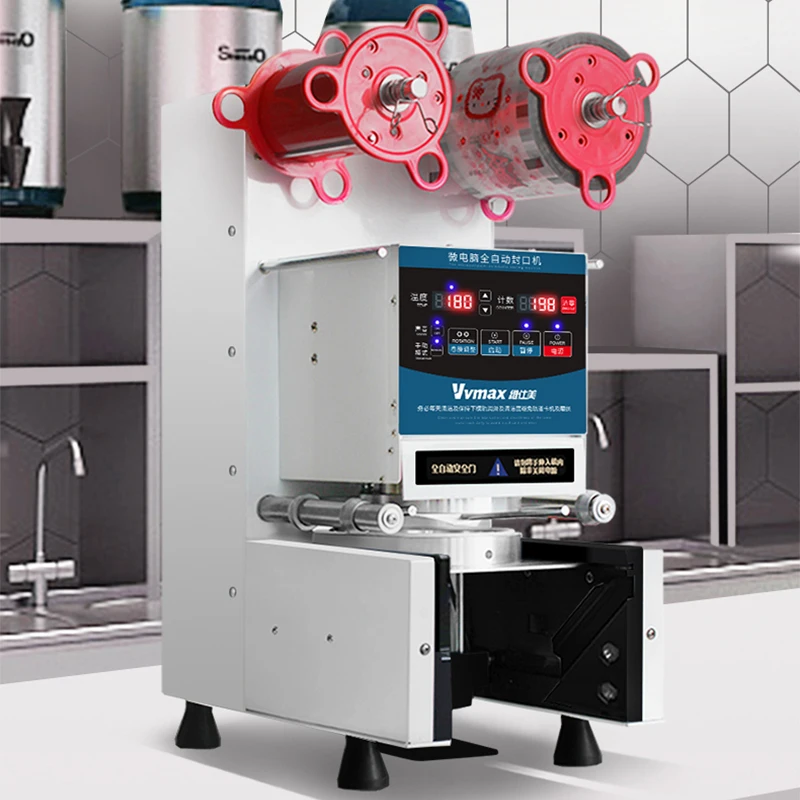 ماكينة تغليف الأكواب الأوتوماتيكية بالكامل ، ماكينة تغليف الأكواب البلاستيكية الكهربائية ، كوب ورقي لسدادة طعام الشاي والحليب ، فيلم شاي الفقاعات ، النسخة الإنجليزية