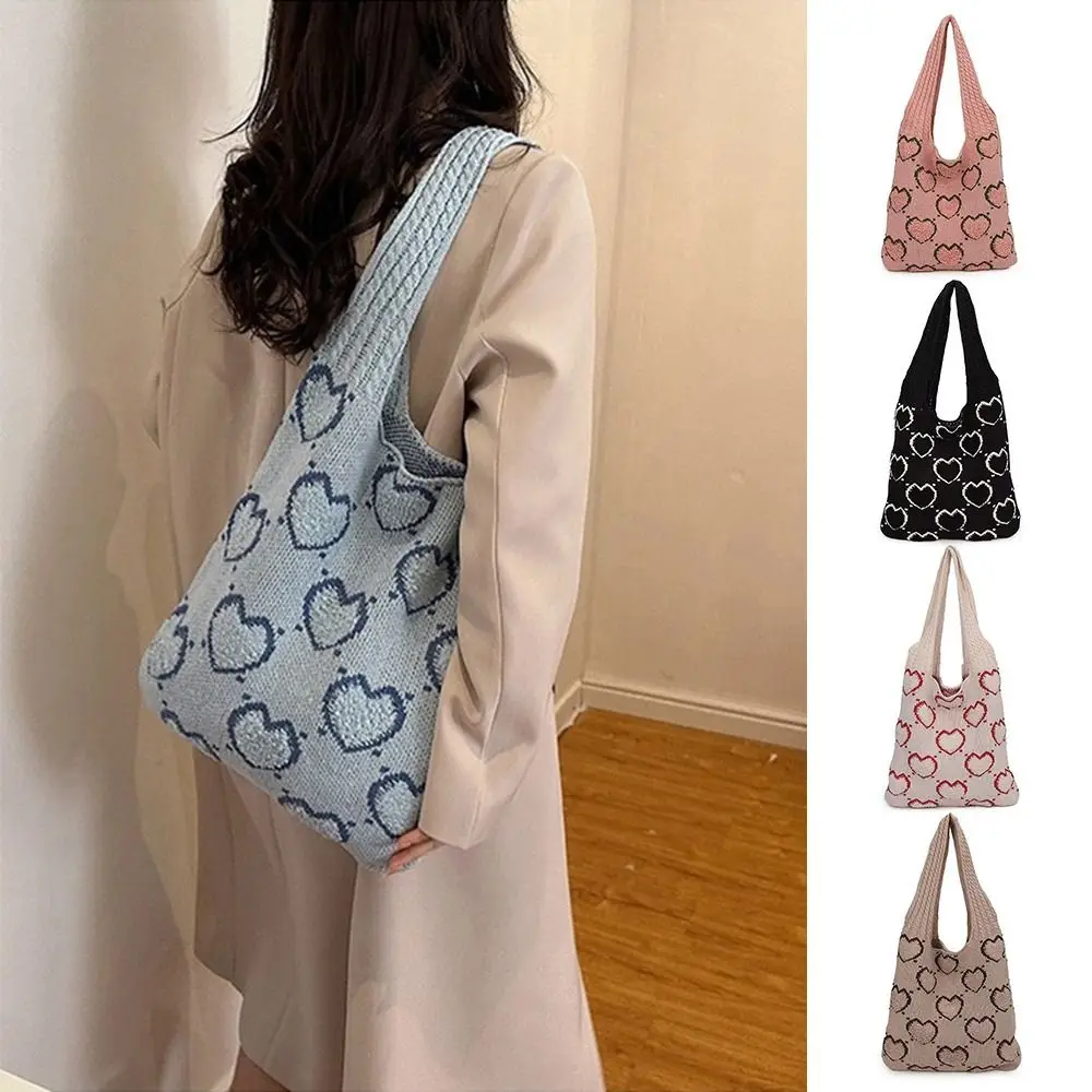 Women Crochet Shoulder Bag Large Capacity Heart Pattern Woven Sling Bag Versatile Knitted Shopping Bag Daily Shoulder Bag