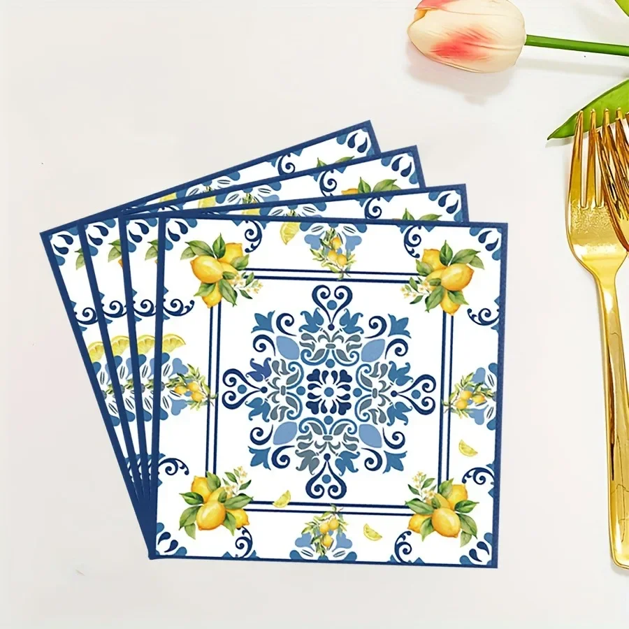 Tovagliolo usa e getta in porcellana di limone Tovagliette in carta stampata bianca blu per forniture per il layout del tavolo da pranzo per feste di matrimonio