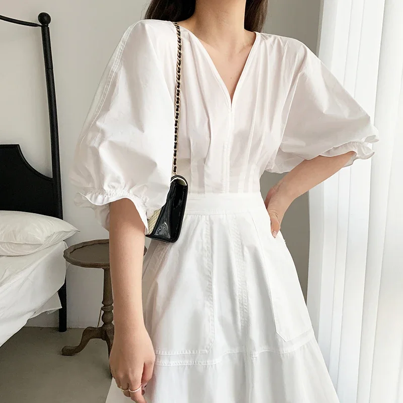 Women vintage french Style dress 2024 summer ranway hepburn style white bubble sleeve v neck A line dresses vestidos