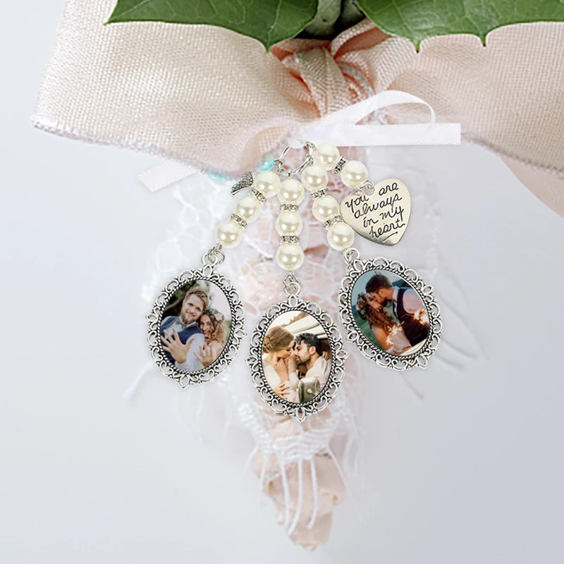 1Set Wedding Bouquet Photo Charms Memorial Photo Pendants Picture Frame Charms DIY Bow Decorative Frame Pendant Making Supplies