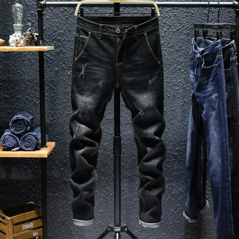 27-38 Men Ripped Jogger Jeans Casual Fashion Stretch Elastic Slim Fit Skinny Pencil Long Denim Pants Biker Blue Black