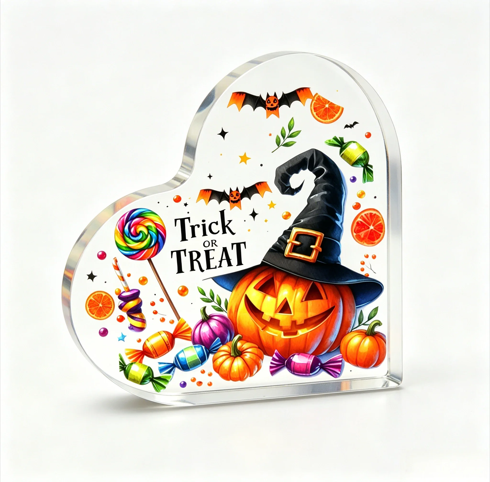 Jack‑O‑Lantern & Colorful Sweets Heart Acrylic Tabletop Sign, Fall Halloween Ornament