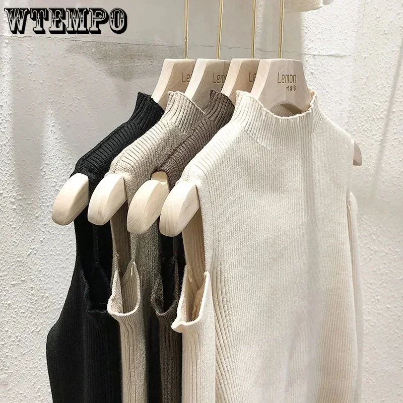 Off Shoulder Sweater Half High Neck Slim Knit Pullover Solid Color Women Long Sleeve Short Top Casual Harajuku Commuting Fall