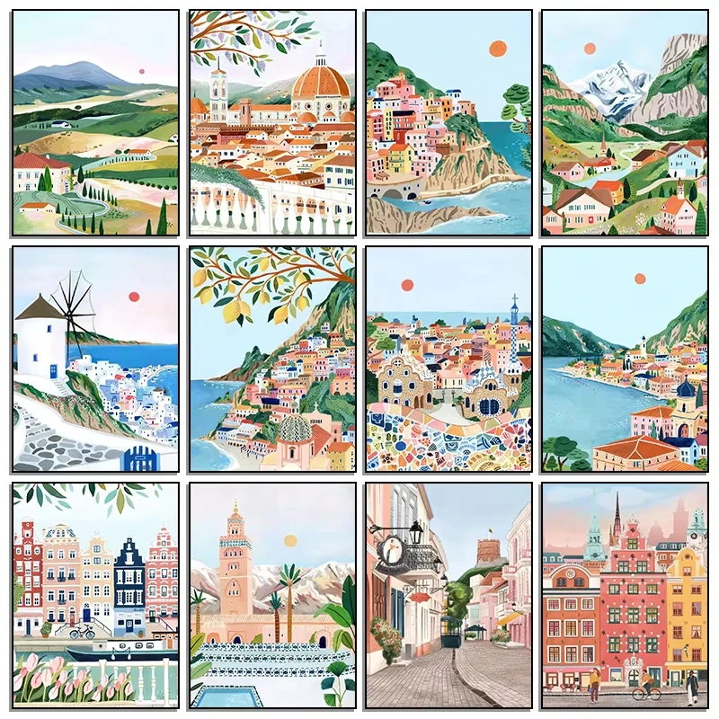 Positano London Vilnius Lithuania Amsterdam Travel Poster Diamond Painting and Print Wall Art Picture for Room Home Office Decor