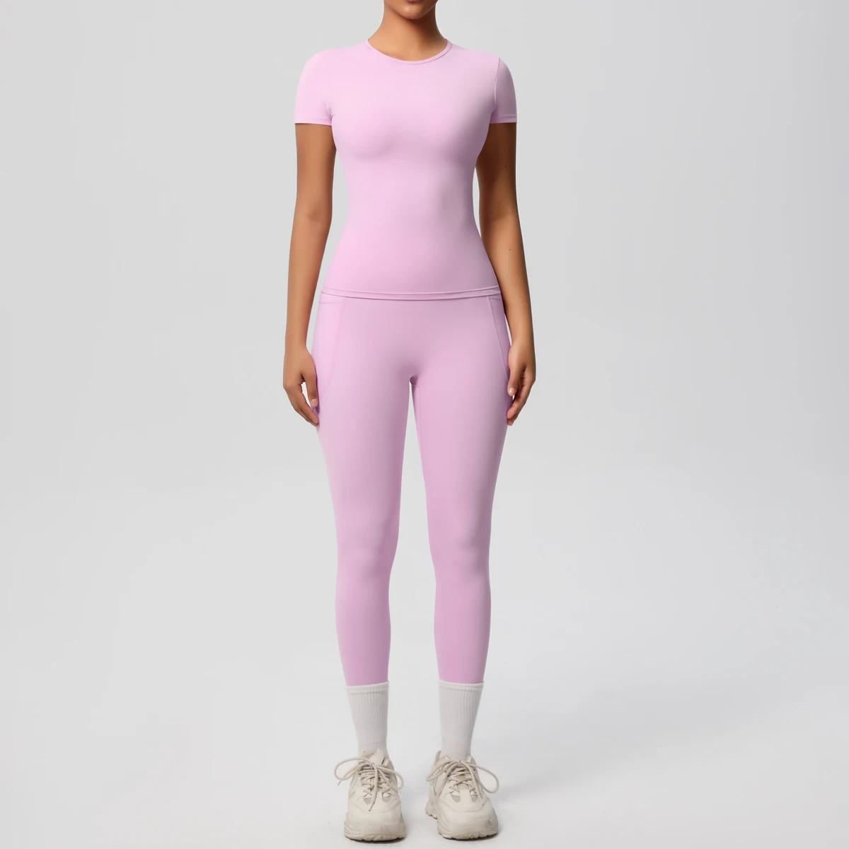 Yoga Suit Women Leggings With Pocketed Quick-Drying Gym Set Women Tracksuit Running Workout Short Sleeves Sports Yoga Clothing