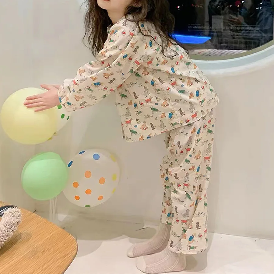 Girls Suits 2024 Autumn New Childrens Clothes Girl Baby Sweet Small Fresh Soft Long-sleeved Pajamas Two-piece Casual Simple