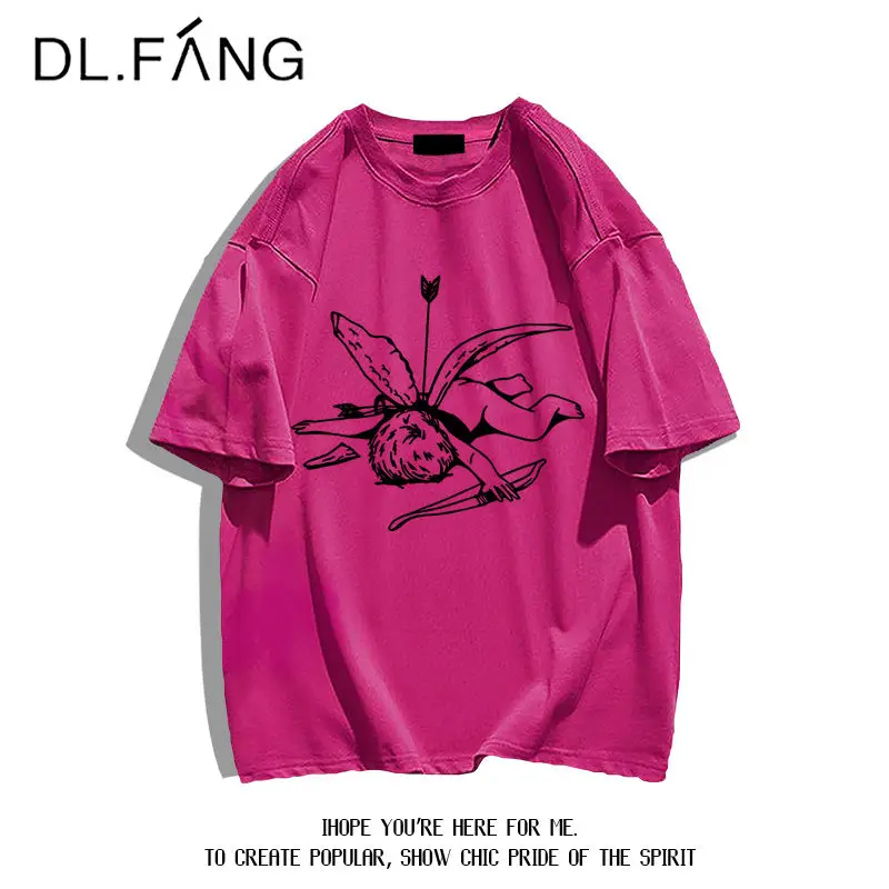 Women's Pure Cotton Fashion T-shirt Summer American Retro Cartoon Personalized Print Top Short Sleeved Lady Basic Round Neck Tee