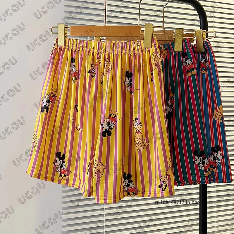 2025 New Striped Cartoon Disney Mickey & Pluto Print Couples Pajama For Women Men Short Pants Autumn Loose Casual Sleep Shorts