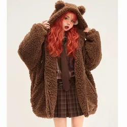 Kawaii Plush Bear Ears Hooded Lambswool Jacket Women Autumn Winter Thicken Soft Cute Mori Style Vintage Sweet Loose Outwear Coat