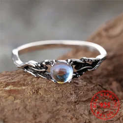 Female Small Round Nature Moon Stone Leaf Ring Vintage Real 925 Sterling Silver Wedding Jewelry For Women