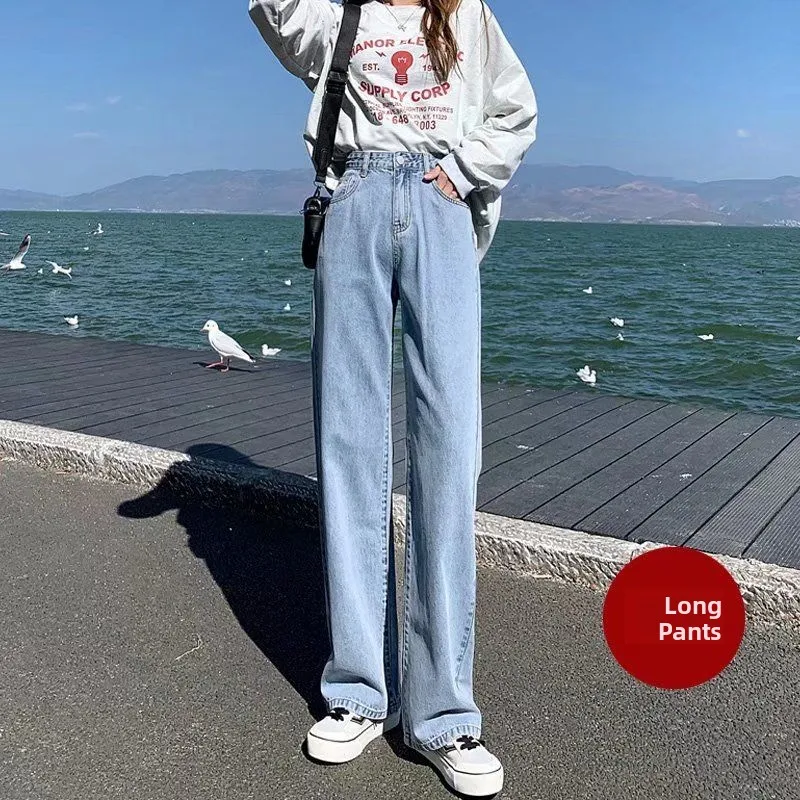 

High Waist Wide Leg Denim Jeans Women's Autumn New Sle Dra Straight Loose Slimming Long Pants Casual Blue Cotton Polyester