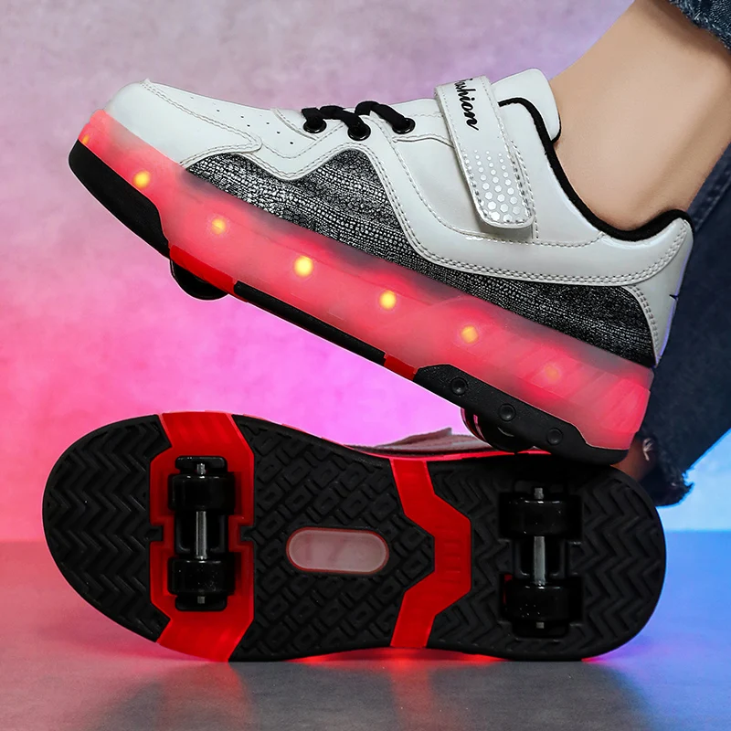 2023 Girls Boys New Lovely Sneakers Children Autumn Leather LED Luminous With Four Wheels Shoe Winter Charging Roller Skate Shoe