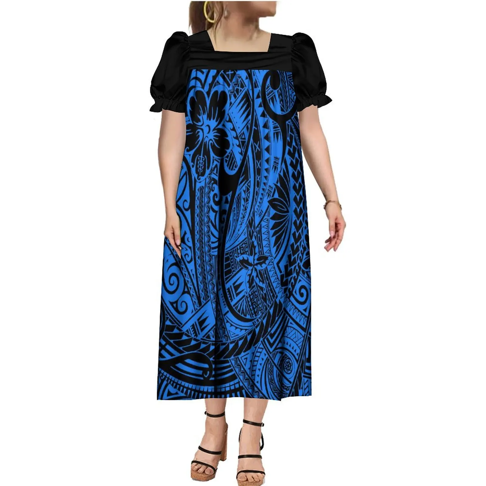 

Samoa Ethnic Style Tribal Women Clothing MUMU Polynesian Bubble Sleeve Women Long Dress Accept Customization