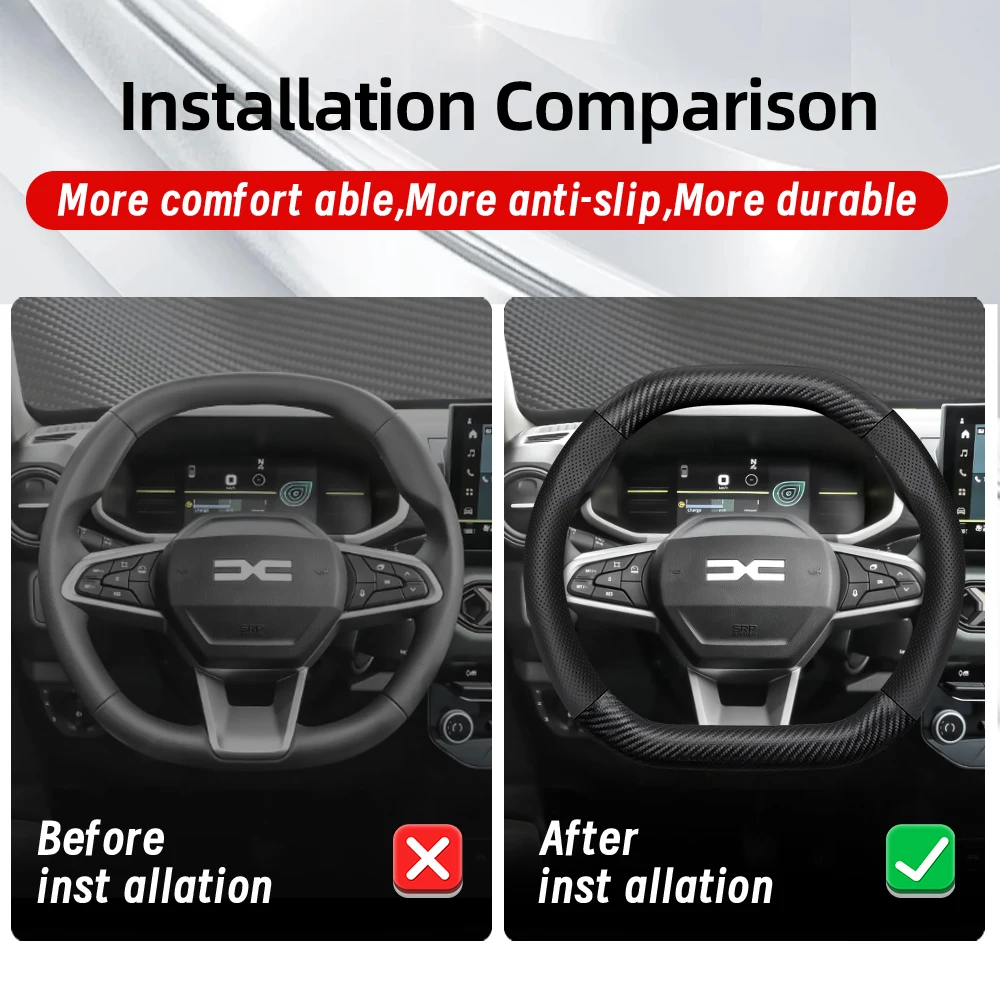 Suitable for Dacia Breathable Leather Matte Carbon Fiber Texture Steering Wheel Cover, Suitable for Models Such as Sandero Stepway, Duster, Jogger, Bigster, Spring, Electric, Cargo, Logan, Etc., in Black, Red Mocha