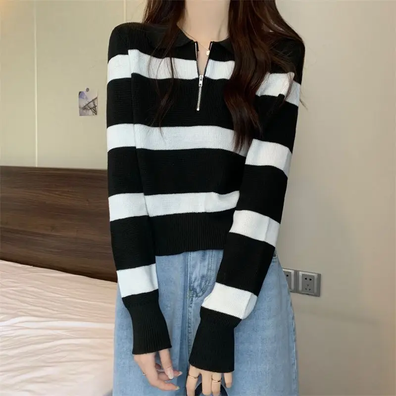 Striped Cropped Sweater Women 2023 Spring Winter Knit Sweaters Korean Fashion Pullover Basic Top Y2K Polo Long Sleeve Knitwears