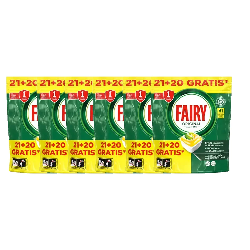 Original Fairy all in one-Pack of 6 bags of 41 capsules for dishwashers (246 capsules)-removes grease and dryness, clean and fresh scent detergent