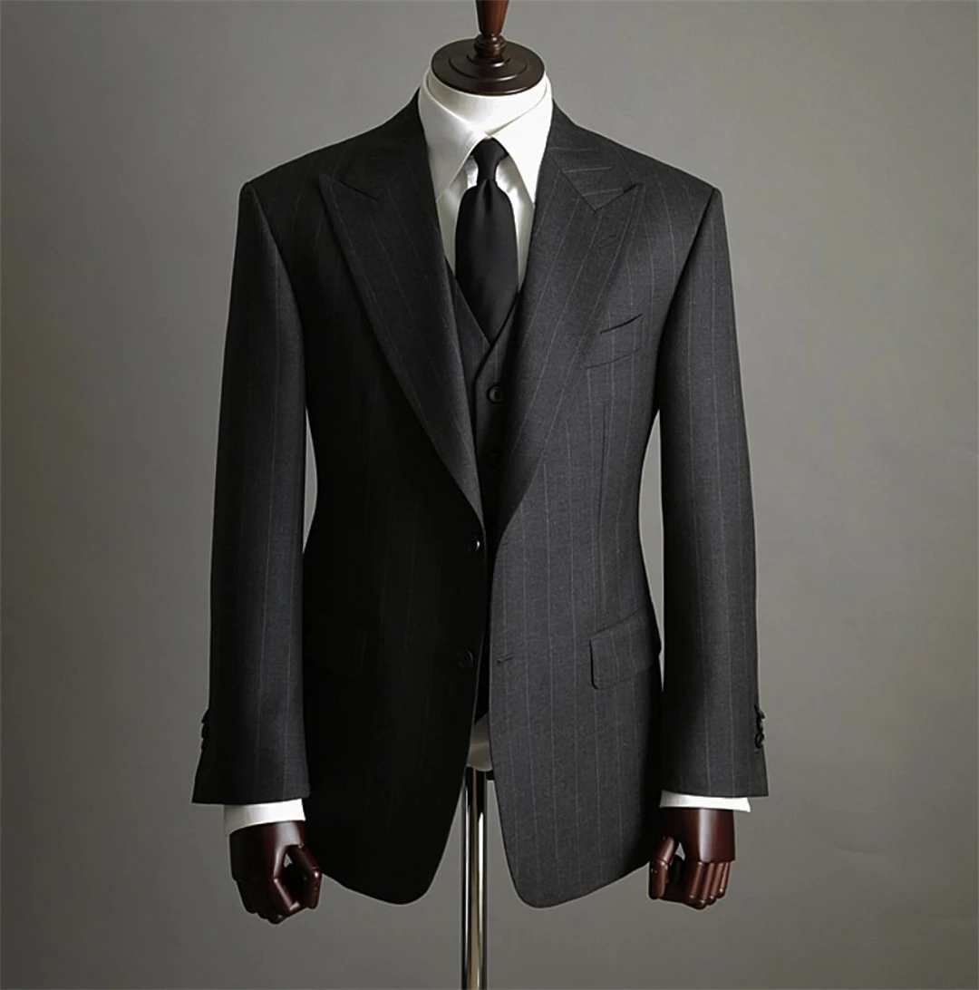 Traje clásico a rayas de color gris oscuro para hombre, chaqueta de 3 piezas, chaleco, pantalones, Formal, para novio, boda y oficina