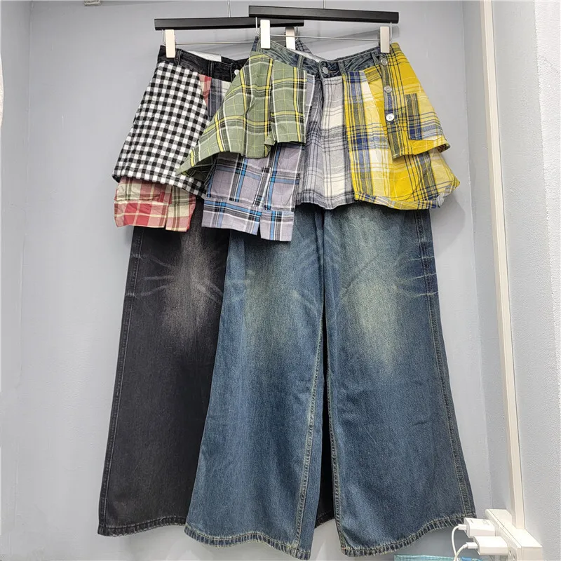 ANJY Herbst Winter Neue Frauen Mode Einzigartige Design Plaid Unregelmäßigen Patchwork Lose Gerade Jeans Trendy Chic Denim Hosen A15827