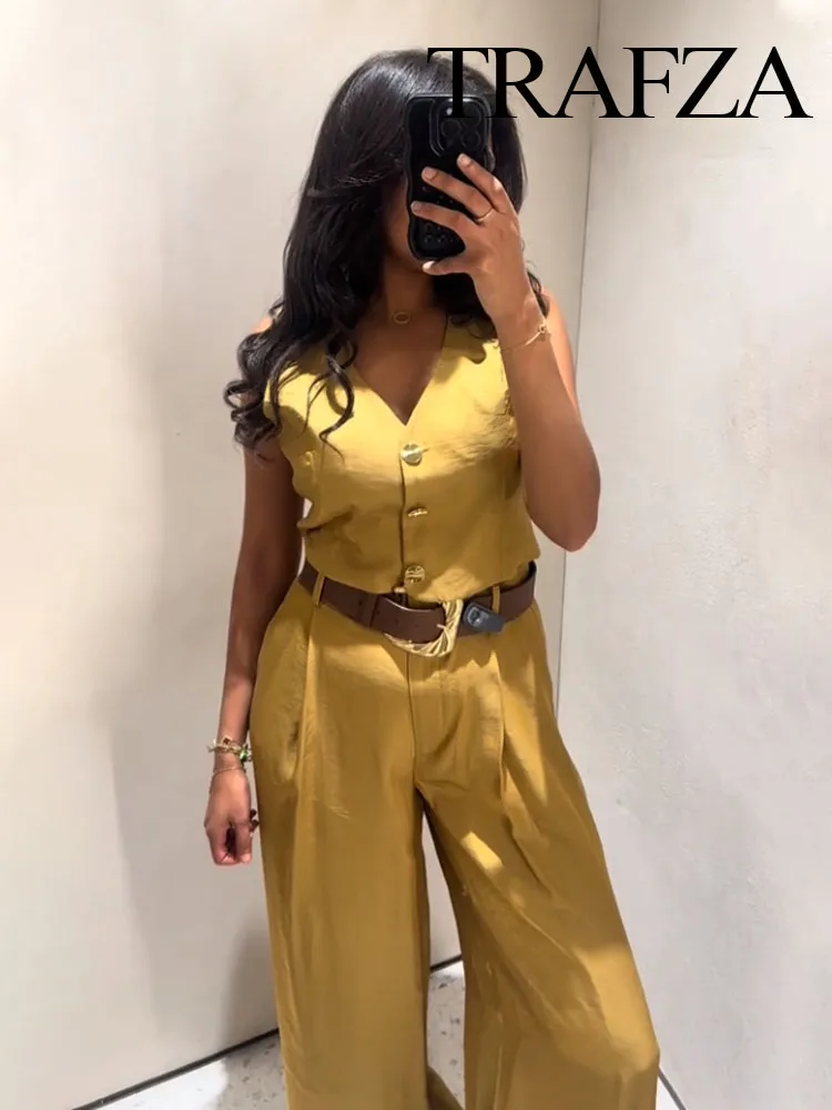 

TRAFZA Women Summer Fashion V-Neck Sleeveless Button Design Vest Top+High Waist Zipper Belt Side Pocket Casual Long Pants Suit