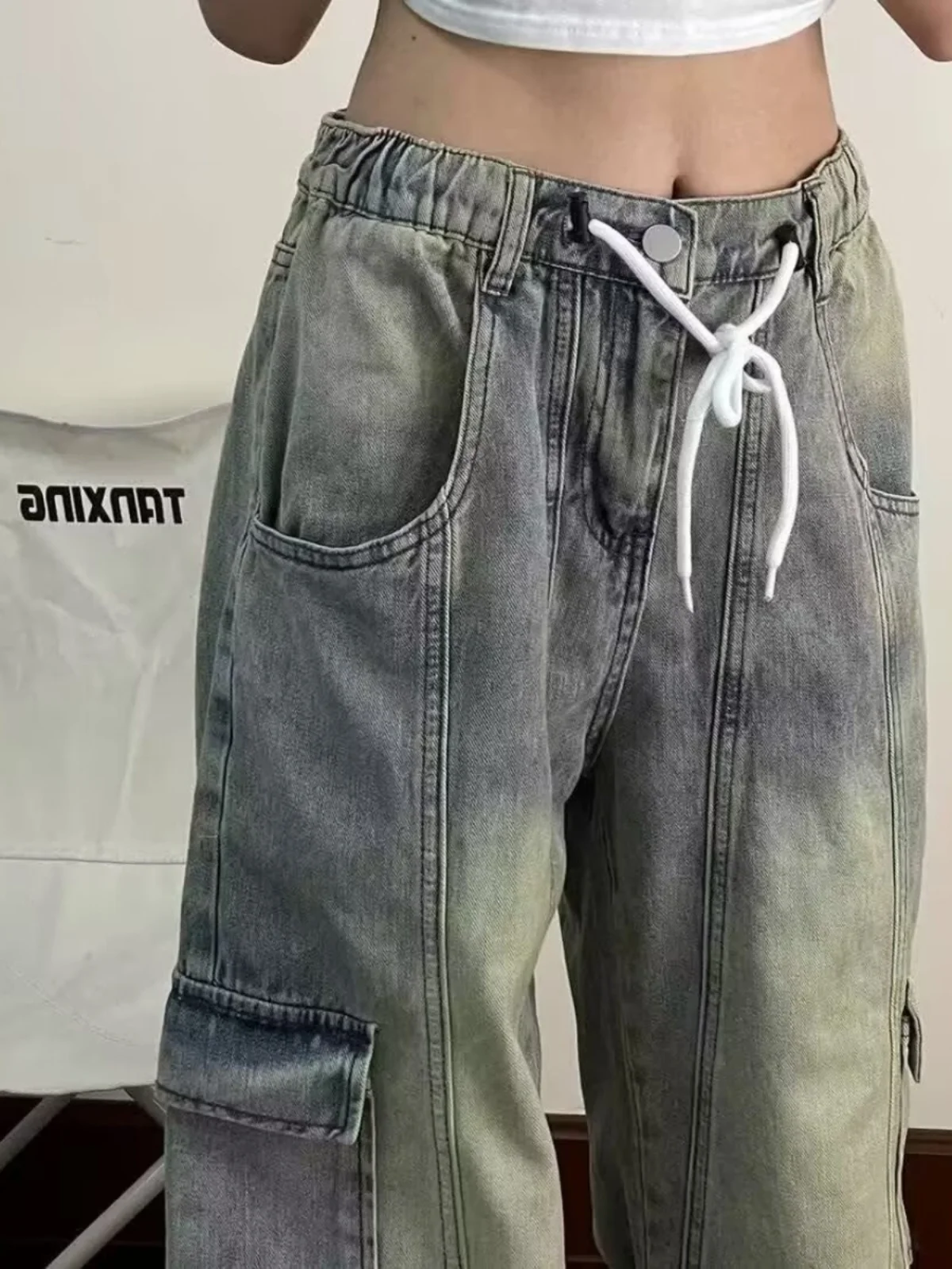 

Ретро американская рабочая одежда Mud Dye, джинсы, свободные эластичные талии, мужские и женские повседневные прямые брюки, молодежные весенне-осенние брюки