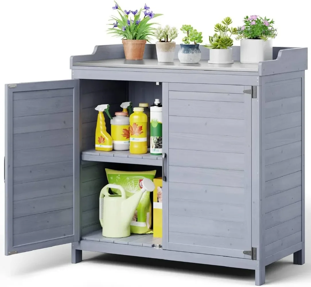 Outdoor Potting Bench with Metal Tabletop, Outdoor Garden Patio Wooden Storage Cabinet with Adjustable Shelf, Lawn - Grey