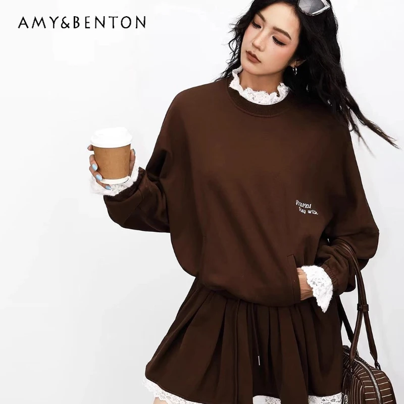 2025 outono inverno renda guarnição emenda vestido feminino americano retro design marrom y2k cordão cintura vestidos de emagrecimento senhoras
