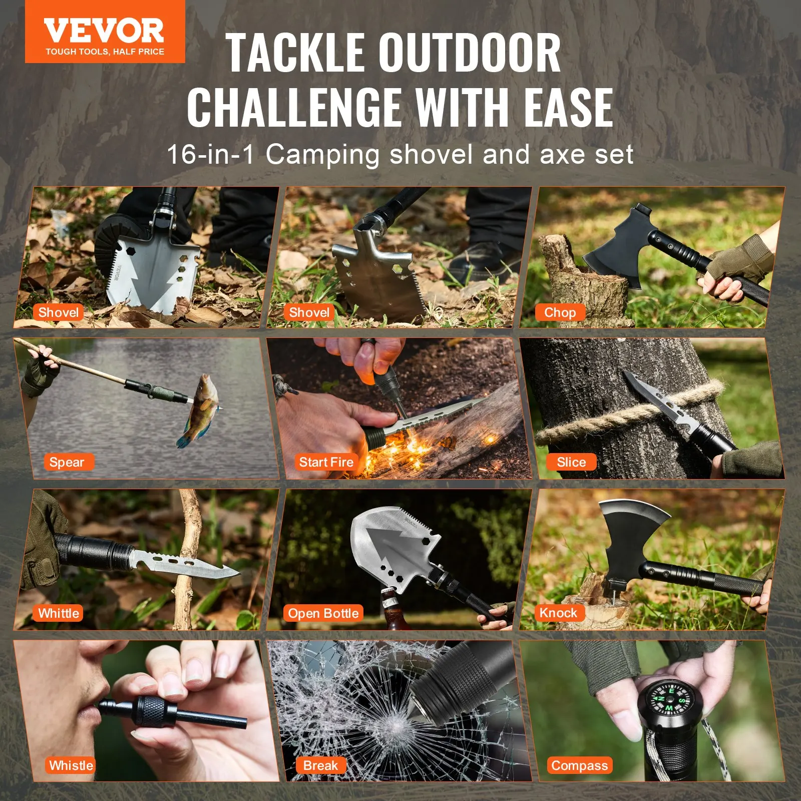 

Survival Shovel Survival Axe 16-in-1 Camping Folding Shovels With Hatchet