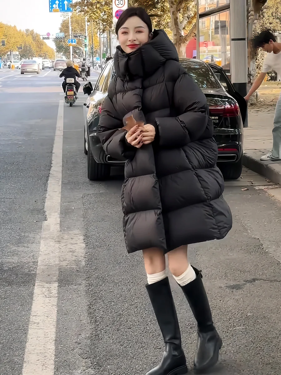 

Зимняя утепленная черная пуховая куртка с капюшоном для женщин, универсальное белое пуховое пальто, теплое повседневное свободное пальто с длинными рукавами