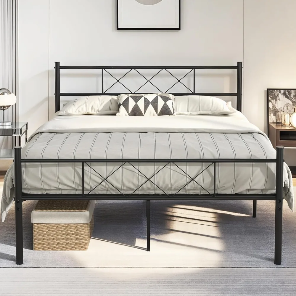 

VECELO Queen Size Bed Frame with Headboard, Heavy-Duty Platform with Strong Metal Slats, No Box Spring Needed, Easy Assembly, Ma