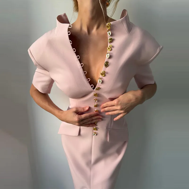 2026 Sommer Stehkragen Einfarbiges Damen-Midikleid Elegantes Einreihiges Kurzarm-Slim-Kleid Modisches Neues Damen-Langes Kleid – Detail 14