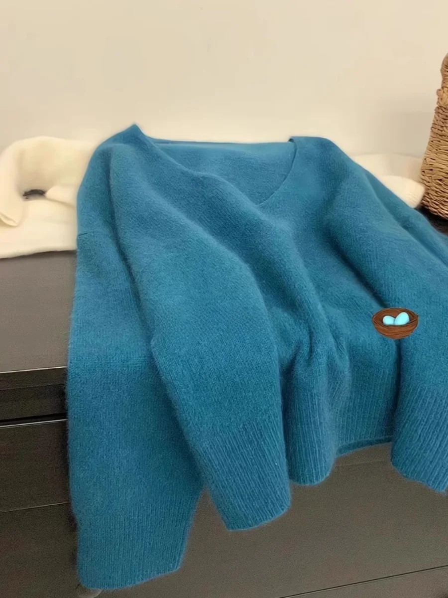 

Soft Bear Fur Blue V-Ne Oversized Knitted Sweater Women's Autumn Winter Lazy Sle Loose Slimming Inner Wear Top