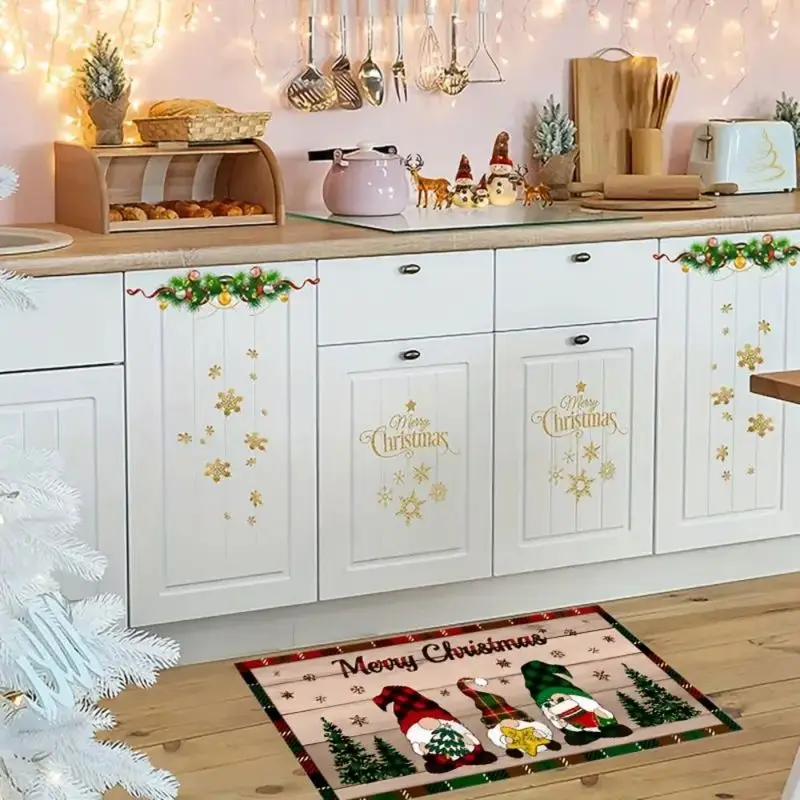 VIKAMA Gnome Reindeer Kitchen MatChristmas Print Floor Rug Non Slip For Sink Laundry Room Dining Festive Decor