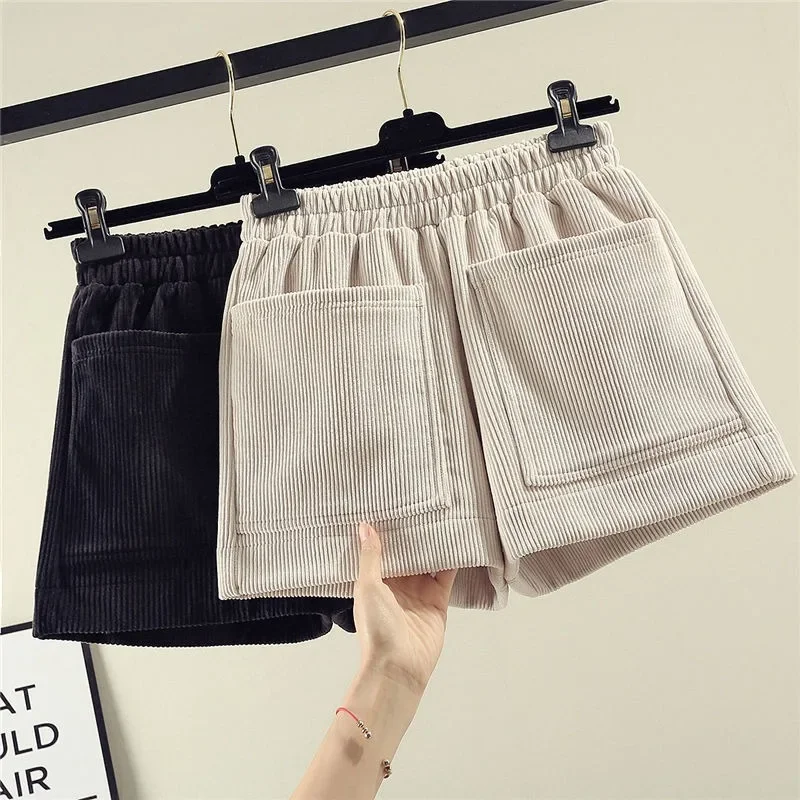 

Осенне-зимние шорты, женские вельветовые элегантные винтажные повседневные базовые универсальные брюки, женские уютные однотонные брюки с эластичной резинкой на талии