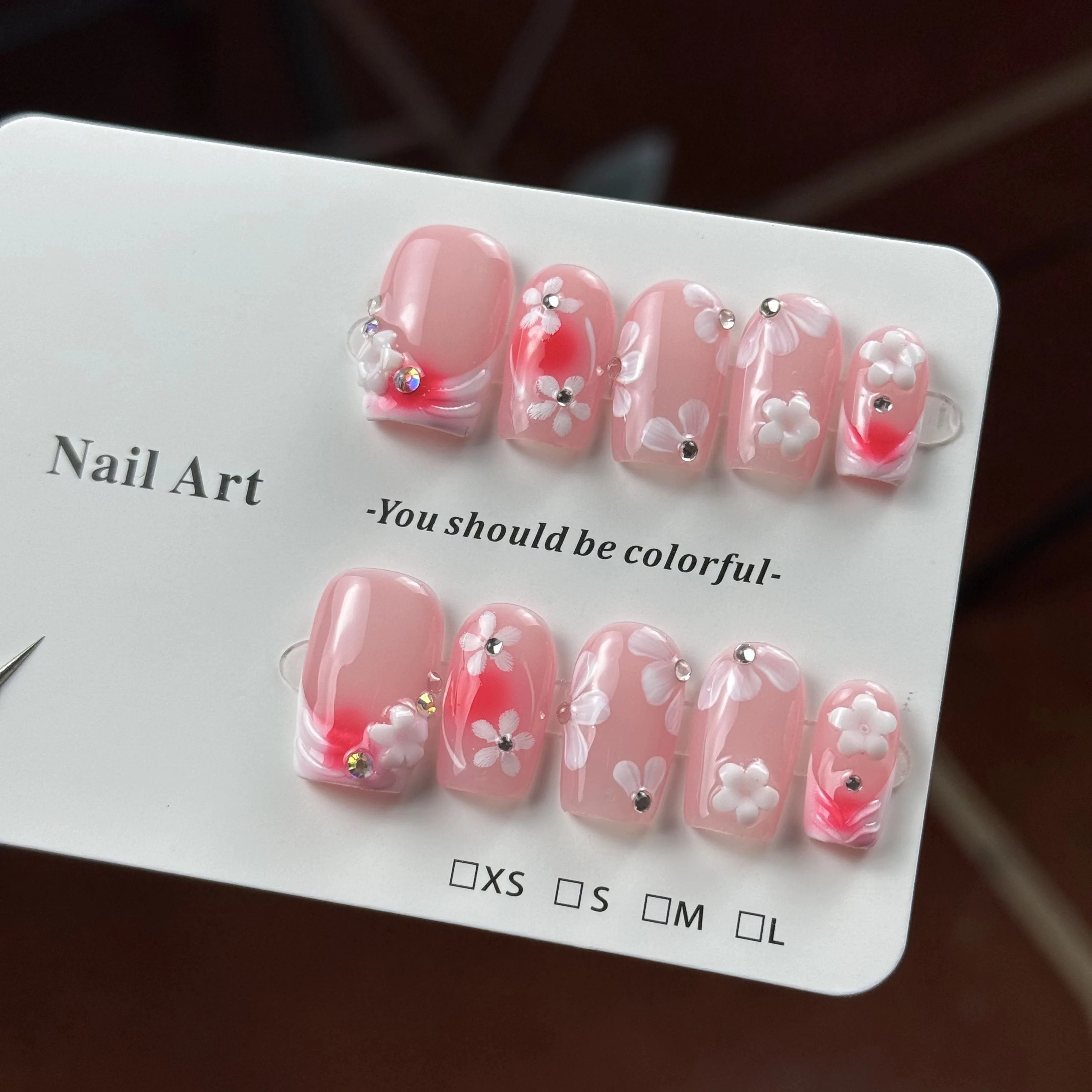 10 قطع من أسلوب الحلو واللطيف الراقية، المنحوتات المرسومة يدويًا، أزهار الكرز الحلوة، أظافر صناعية مصنوعة يدويًا من الماس المتلألئ