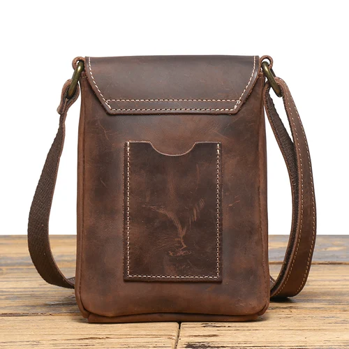Imagen 2 del producto Bolsos cruzados Retro de cuero genuino para hombre, bolso organizador de llaves de teléfono, cartera, bolso de hombro con hebilla magnética