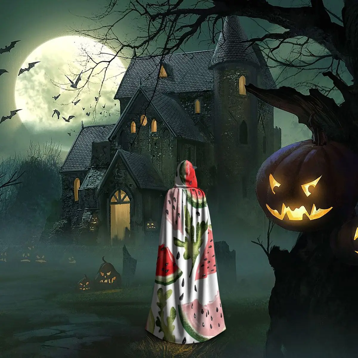 البطيخ الصيف طويل مقنعين عباءة الساحرة القرون الوسطى زي تأثيري كيب هالوين مصاص دماء الكبار للجنسين