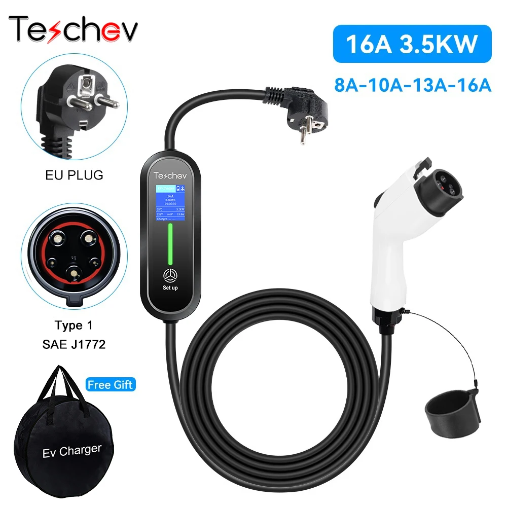 

Портативное зарядное устройство для электромобилей Teschev, тип 1, 16 А, однофазная, 3,5 кВт, 5 м, зарядная станция Wallbox для электромобиля