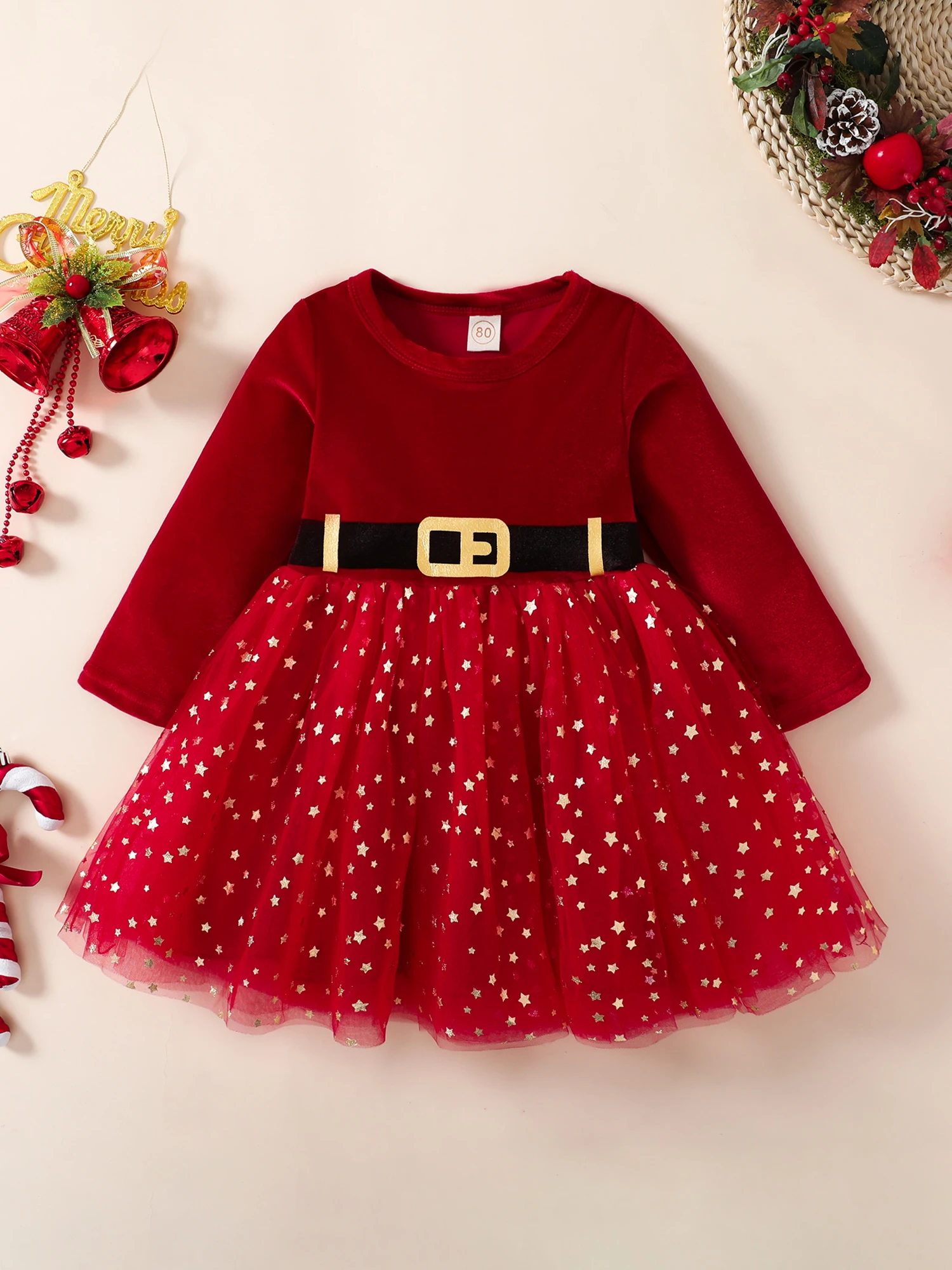 Toddler Girl Christmas Dress Long Sleeve Round Neck Belt Print Party Tulle Dress