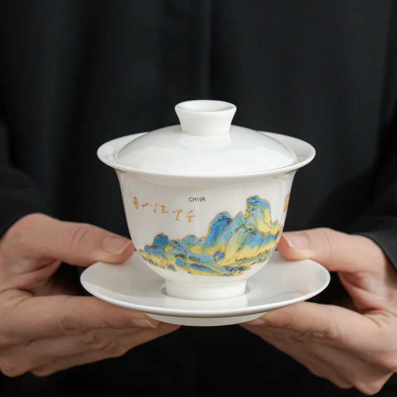 

Dehua White Porcelain Covered Bowl Ceramic Sancai Covered Bowl Black Tea Rock Tea Kung Fu Tea Set Large Suede Jade Porcelain Tea