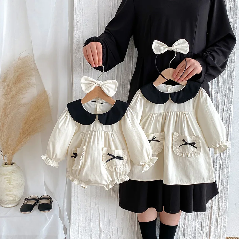 

2025 New Autumn Baby Girls Dresses Long Sleeve Sister Matching Outfits Infant Toddler Clothes Cute Bow Newborn Infant Rompers