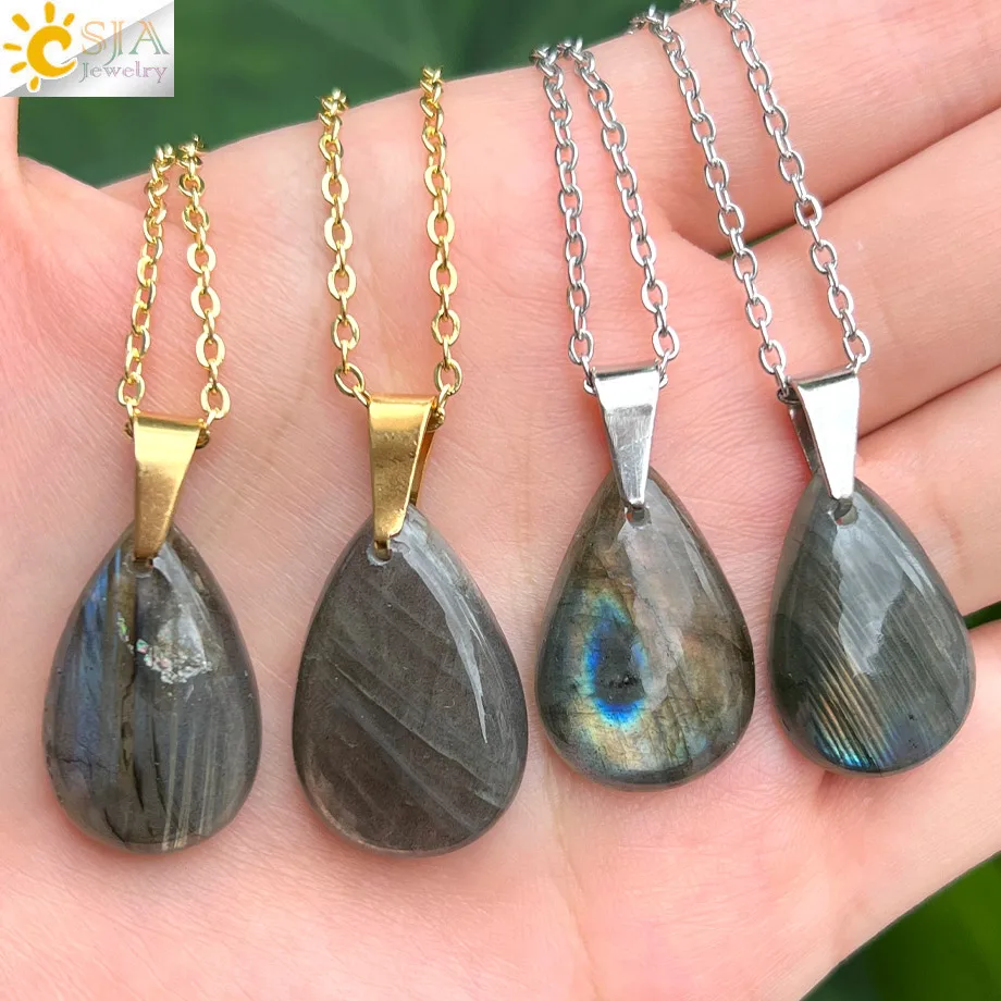 Collar de labradorita de gota de agua de tamaño Irregular, colgante de cristal de piedra Natural, collares de cadena de acero inoxidable, joyería H650, 1 ud.