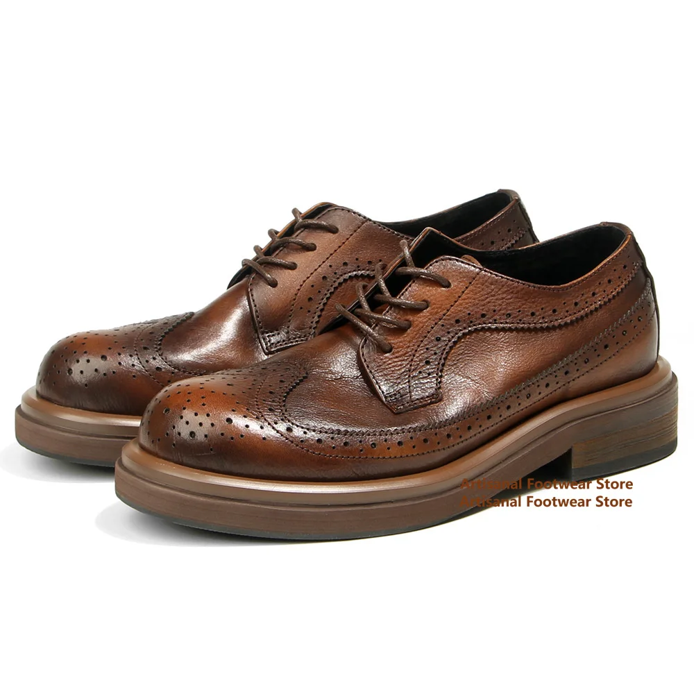 

Carving Cowhide Brogue Shoes British Style Fashion Thick Soled Casual Leather Shoes for Males Lace-Up Flats Men's Shoes