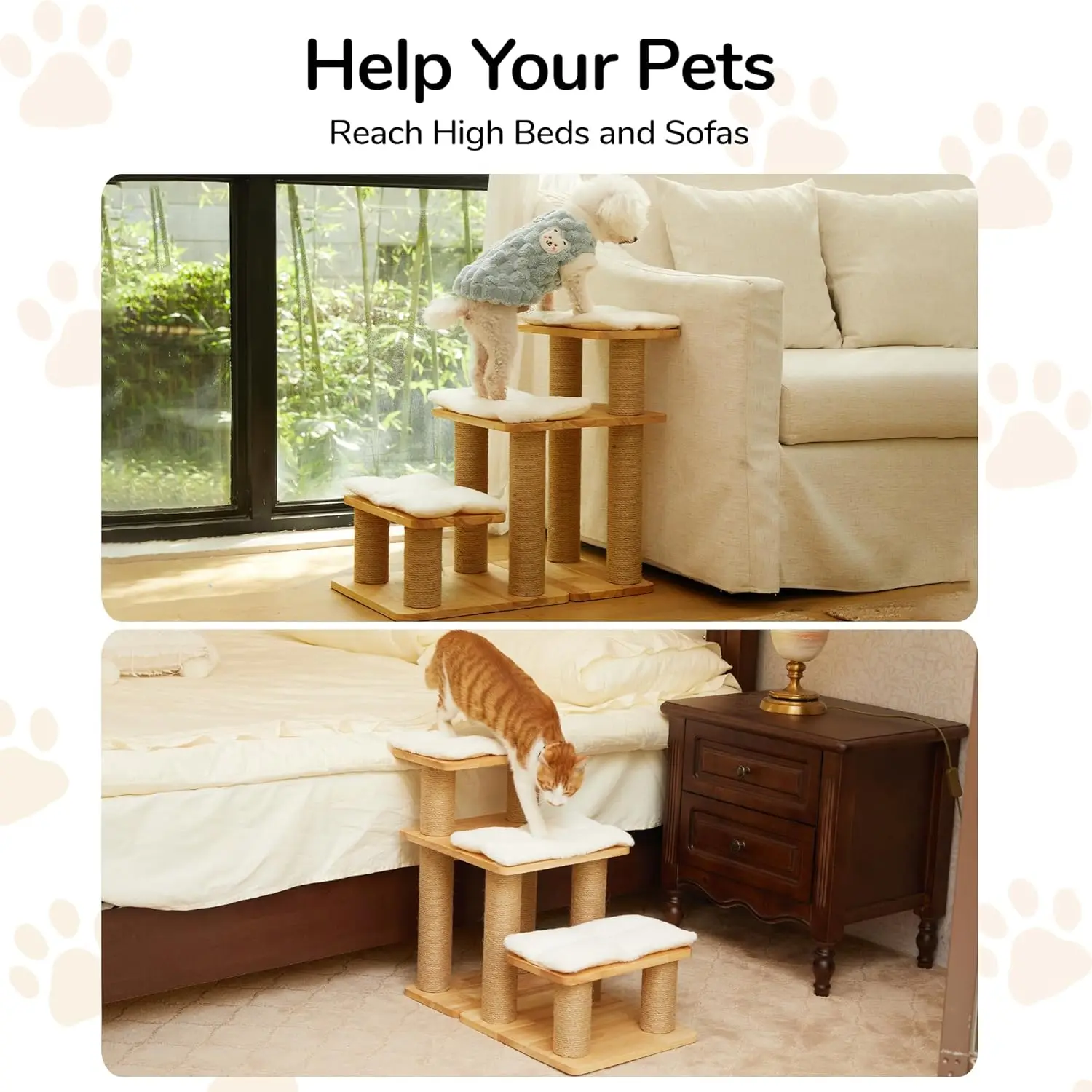 Dog Stairs, Solid Wood Pet Stairs with Cat Scratching Post, Transformable Cat Ramp Can Hold Up to 200 lbs, 20 Inch Pet Steps for view 3