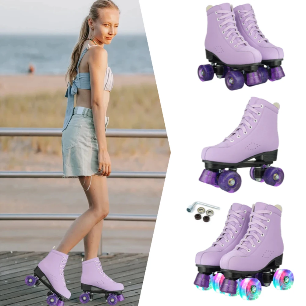 Patines de cuero Artificial de calidad, zapatos, patines de ruedas azules morados para mujer con ruedas iluminadas, zapatillas deportivas para exteriores