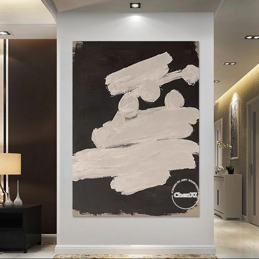 100% Hand-painted Black White Thick Texture Acrylic Painting Hotel Showpieces Canvas Wall Hangings Art For Hotel Decor