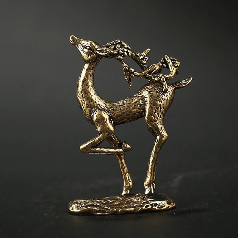 1PC Retro Brass Elk Miniature Figurine Mini Deer Statue Home Desktop Ornament Decors Festival Decoration Accessories