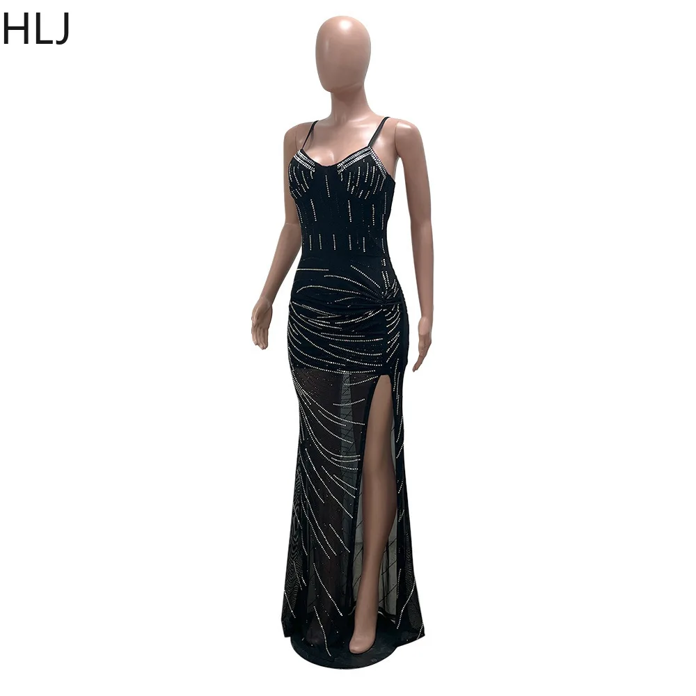 Hlj preto moda com decote em v lantejoulas ver embora cinta de espaguete vestidos longos femininos sem mangas sem costas fenda roupas femininas